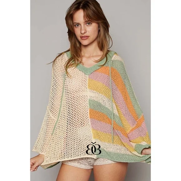 POL Half & Half Solid Striped Colorful Summer Knit Hoodie Sweater - Picture 3 of 9